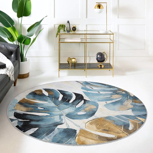 Tappeto rotondo blu lavabile ø 120 cm Golden Leaves – Mila Home-image-3