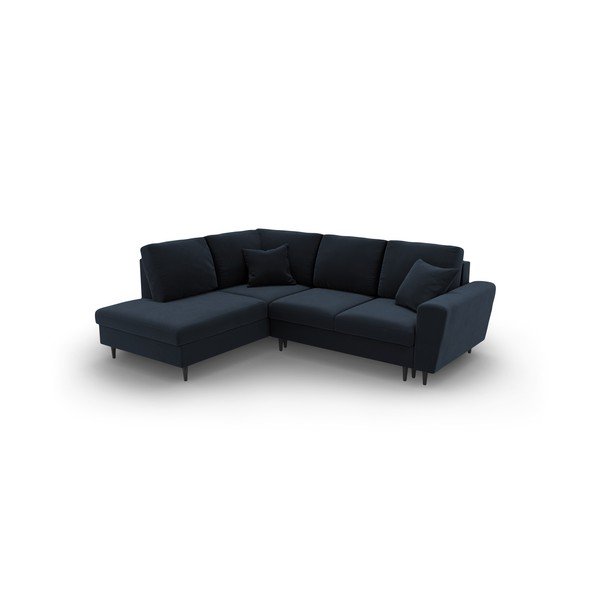 Divano angolare blu scuro allungabile e con contenitore (con penisola a sinistra/a L) con rivestimento in velluto Kyoto – Cosmopolitan Design-image-1