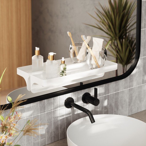 Mensola da bagno autoportante bianca in plastica riciclata Flex Adhesive - Umbra-image-1
