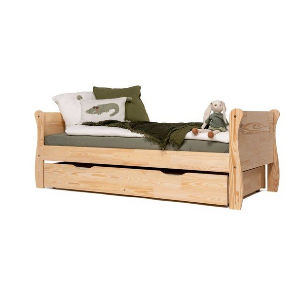 Letto da bambini estraibile di colore naturale in pino massiccio con contenitore e rete inclusi 90x200 cm Roma – Adeko