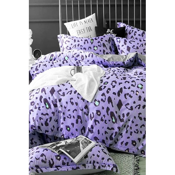 Biancheria da letto in cotone per letto matrimoniale con lenzuolo 200x220 cm, viola, estesa a quattro pezzi Leopard - Mila Home