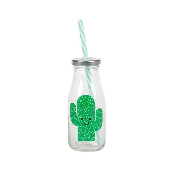 Sklenice s víčkem a brčkem Sass & Belle Cactus Mini Milk Bottle
