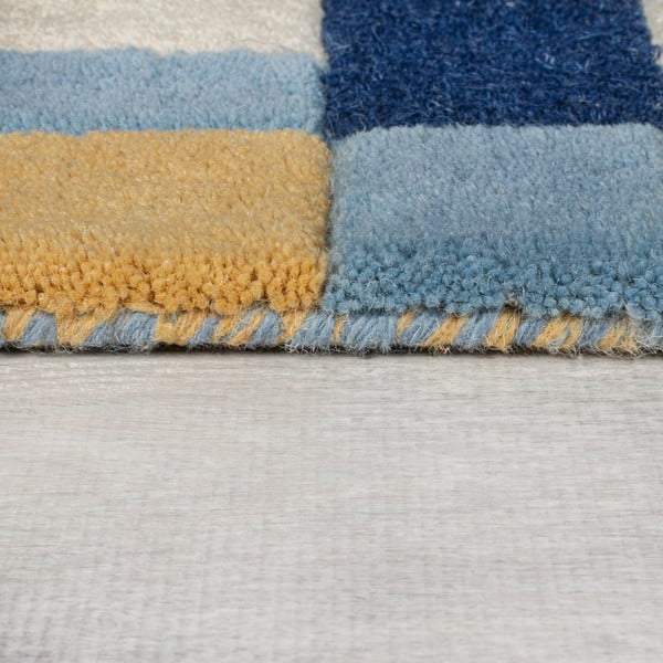 Passatoia blu in lana tessuta a mano 60x230 cm Kai Wool Border - Flair Rugs-image-4