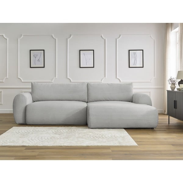 Divano angolare in grigio chiaro allungabile (con penisola a destra) con rivestimento in velluto a coste Lucien – Bobochic Paris-image-1