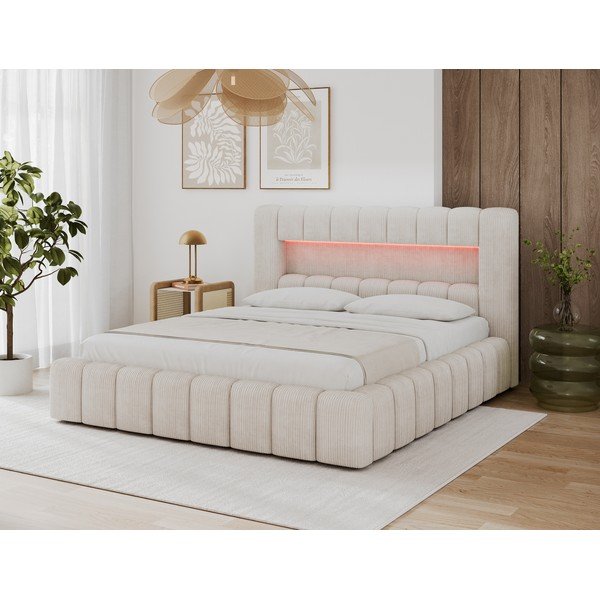 Letto matrimoniale imbottito beige con contenitore con rete inclusa 140x200 cm Lamica – ELTAP-image-2