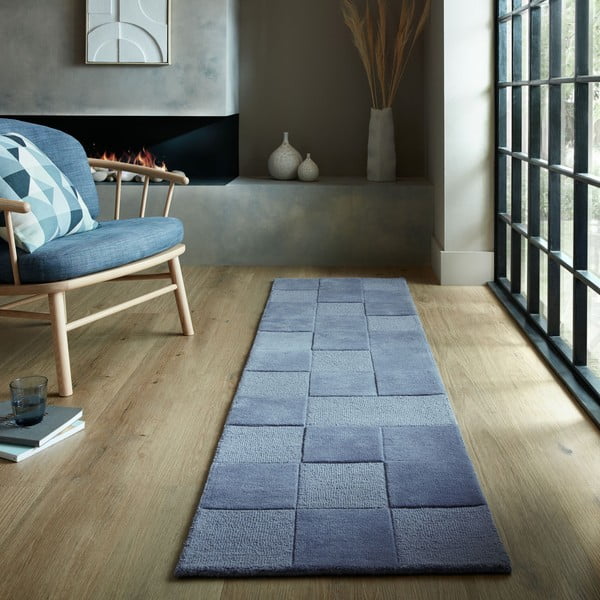 Passatoia in lana blu scuro tessuta a mano 60x230 cm Checkerboard - Flair Rugs-image-1