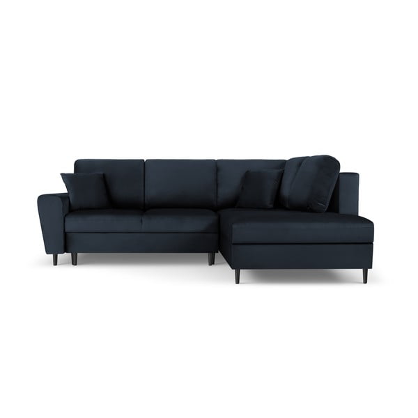 Divano angolare blu scuro allungabile e con contenitore (con penisola a destra/a L) con rivestimento in velluto Kyoto – Cosmopolitan Design