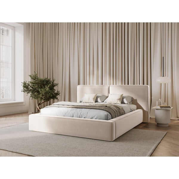 Letto matrimoniale imbottito color crema in velluto con contenitore con rete inclusa 180x200 cm Arendal – Cosmopolitan Design-image-1