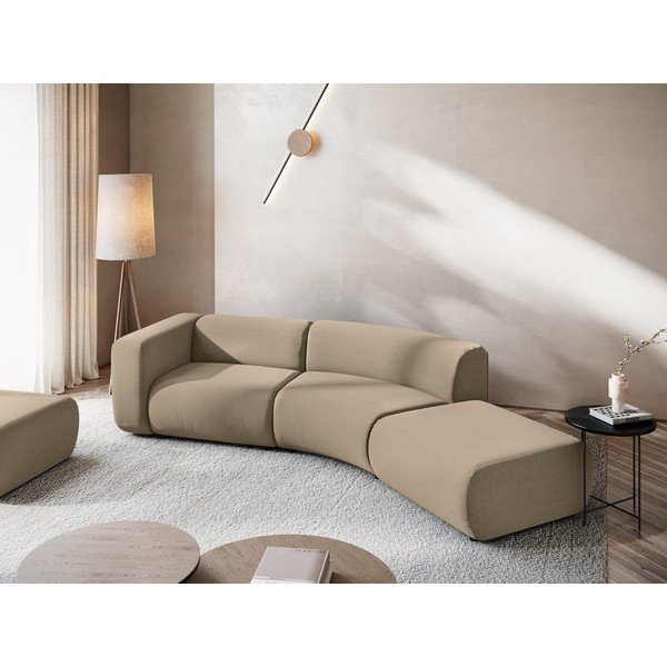 Chaise longue beige (con penisola a destra) con rivestimento in velluto Ekahi – Makamii-image-1