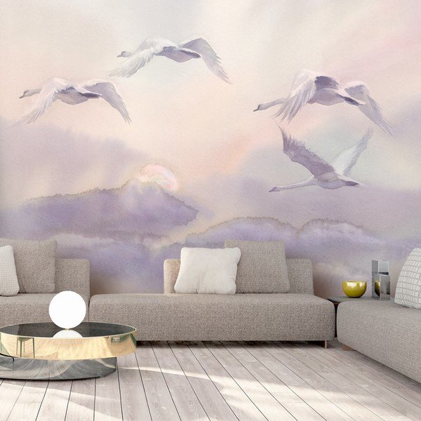 Carta da parati di grande formato, 200 x 140 cm Flying Swans - Artgeist-image-1