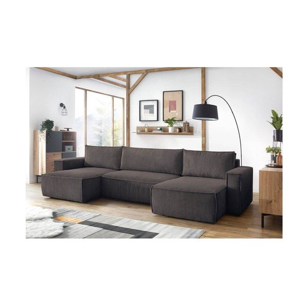 Divano angolare grigio tortora allungabile (a U) con rivestimento in velluto a coste Nihad – Bobochic Paris-image-1