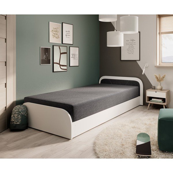 Letto singolo imbottito/in truciolato bianco/grigio scuro con contenitore e materasso inclusi 80x190 cm Parys – ELTAP-image-1