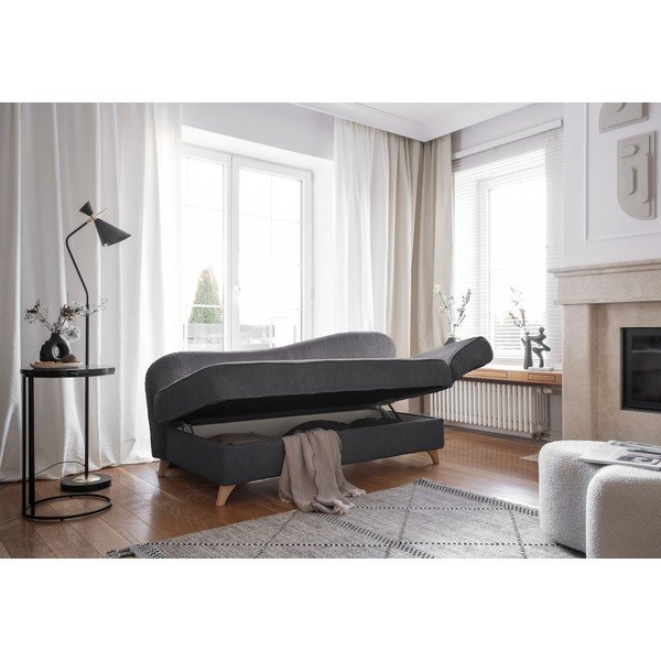 Chaise longue grigia (con penisola a destra) con rivestimento in velluto a coste Chic Charlotte – Miuform-image-2