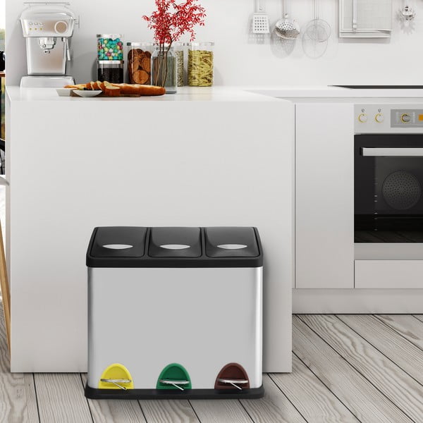 Cestino per la spazzatura color argento opaco in acciaio per raccolta differenziata/con pedale 3x8 l   Tri Selectif – MSV-image-1