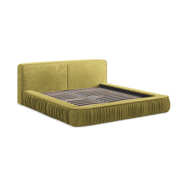 Letto matrimoniale imbottito giallo con contenitore e rete inclusi 160x200 cm Keoni – Makamii