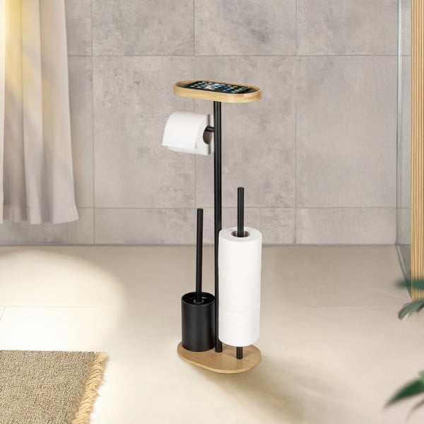 Porta carta igienica nero/di colore naturale in acciaio con supporto con spazzola Pomarolo – Wenko-image-1