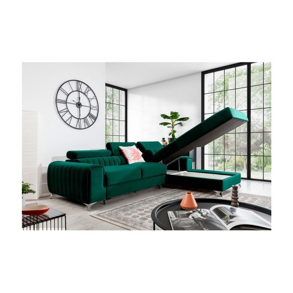 Divano angolare verde allungabile/con contenitore (con penisola a destra/con chaise lounge) e rivestimento in velluto Grayson – ELTAP-image-3