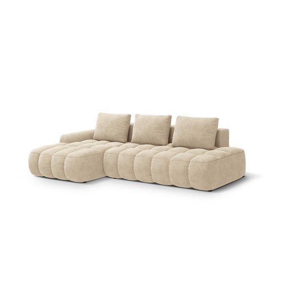 Divano angolare beige allungabile/con contenitore (con penisola a sinistra/con chaise lounge) con rivestimento in velluto Linz – Cosmopolitan Design-image-2