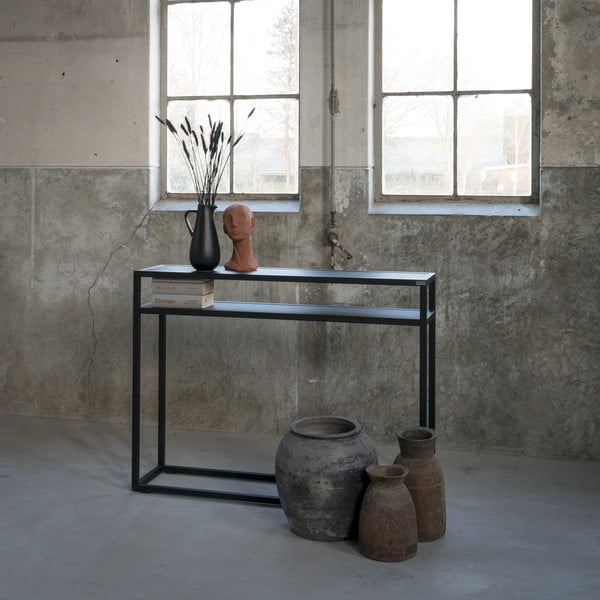 Tavolo consolle nero con piano in rovere massiccio 30x120 cm Daniël – Spinder Design-image-2