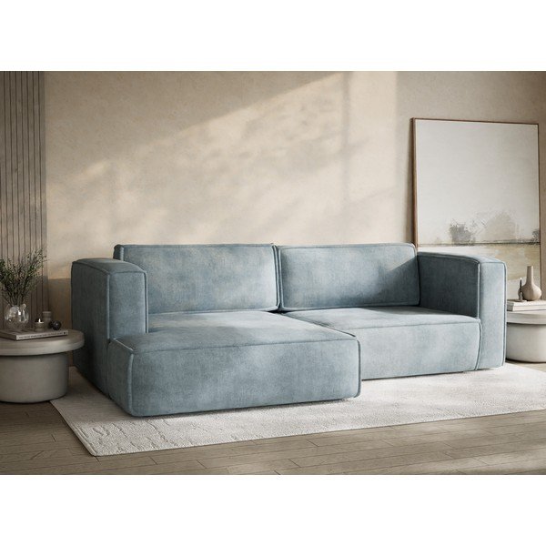 Divano angolare azzurro allungabile/con contenitore (con penisola a sinistra/con chaise lounge) con rivestimento in ciniglia Velto – Maison de Rêve-image-4