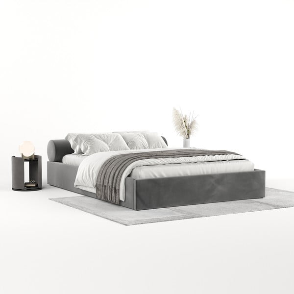 Letto matrimoniale imbottito grigio scuro con contenitore e rete inclusi 200x200 cm Solvo – Maison de Rêve-image-2