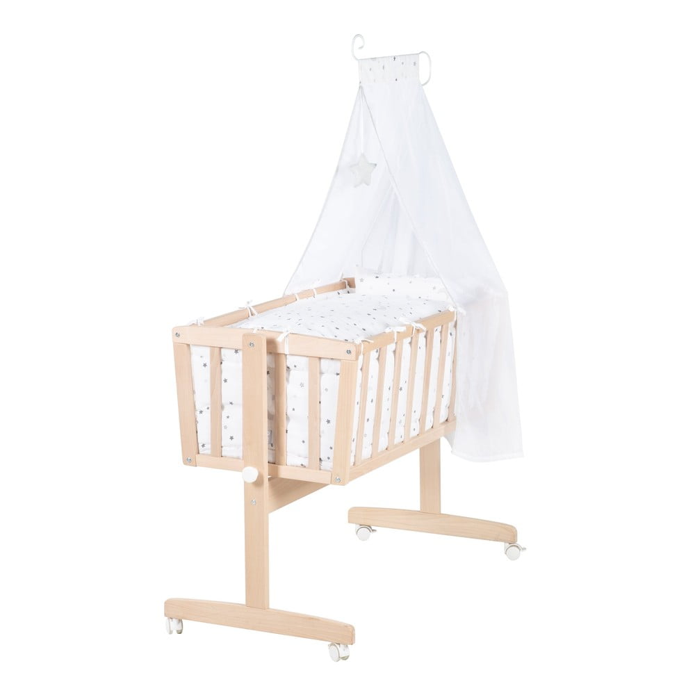 Culla di colore naturale in faggio massiccio con ruote e baldacchino 40x90 cm – Roba | Culle