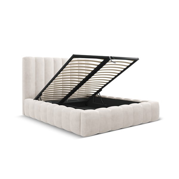 Letto matrimoniale imbottito color crema con spazio contenitivo e rete 200x200 cm Kelp - Micadoni Home-image-2