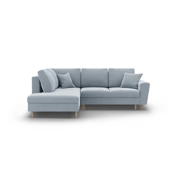 Divano angolare azzurro allungabile e con contenitore (con penisola a sinistra/a L) con rivestimento in velluto Kyoto – Cosmopolitan Design