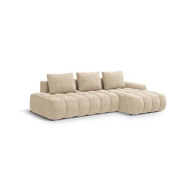 Divano angolare beige allungabile/con contenitore (con penisola a destra/con chaise lounge) con rivestimento in velluto Linz – Cosmopolitan Design-image-2