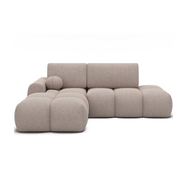 Divano angolare marrone chiaro allungabile/con contenitore (con penisola a sinistra/con chaise lounge) con rivestimento in bouclé Vittario – ELTAP