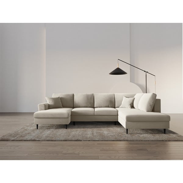 Divano angolare beige allungabile e con contenitore (con penisola a destra/a U) con rivestimento in velluto Kyoto – Cosmopolitan Design-image-2