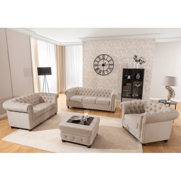 Poltrona chesterfield beige con rivestimento in velluto York Blik – Ropez-image-4