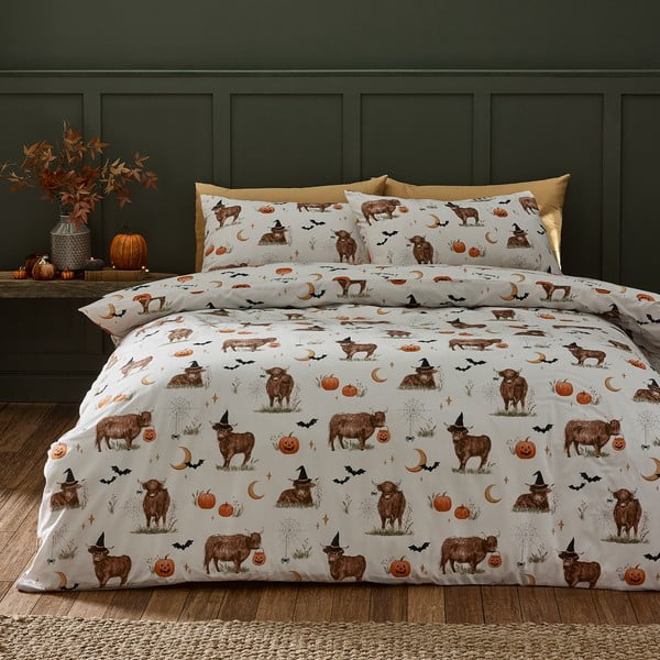 Set copripiumino e federa greige per letto matrimoniale 200x200 cm Halloween Highland Cow – Catherine Lansfield-image-1