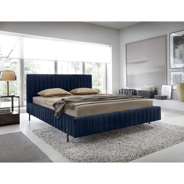 Letto matrimoniale imbottito blu scuro con contenitore e rete inclusi 140x200 cm Plissa – ELTAP-image-1