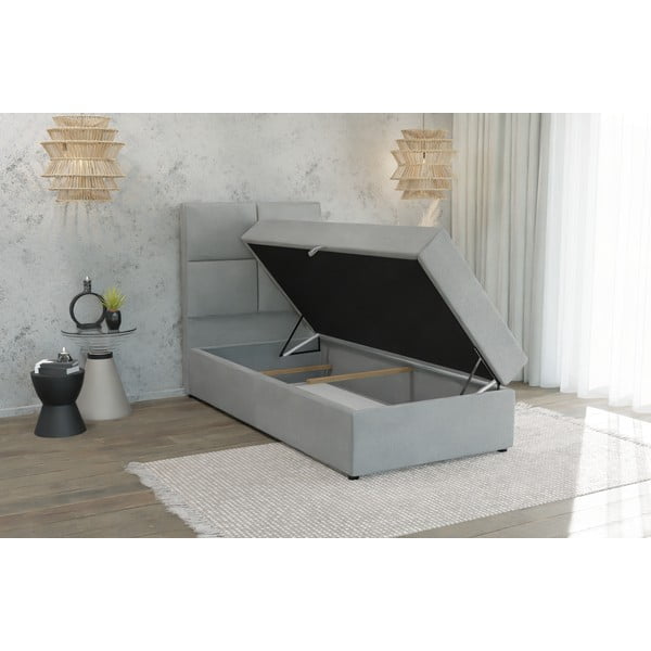Letto singolo imbottito con contenitore grigio chiaro con materasso e topper inclusi 100x200 cm Lena – Ropez-image-2