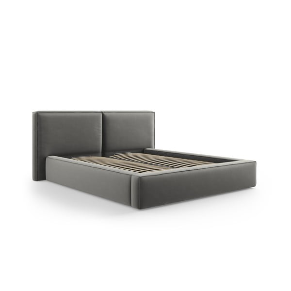 Letto matrimoniale imbottito grigio in velluto con contenitore con rete inclusa 200x200 cm Arendal – Cosmopolitan Design