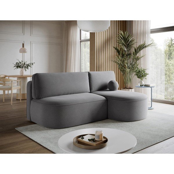 Divano angolare grigio allungabile/con contenitore (con penisola a destra/con chaise lounge) con rivestimento in velluto Livosa – ELTAP-image-2