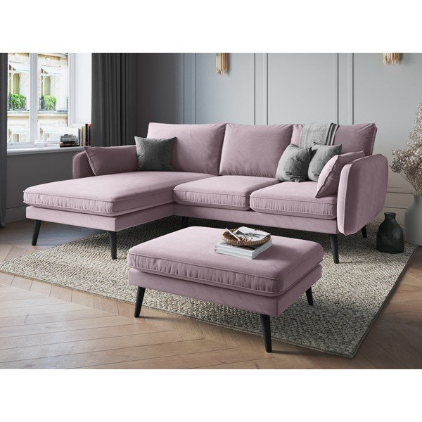 Poggiapiedi in velluto rosa chiaro con gambe nere Lento - Kooko Home-image-1