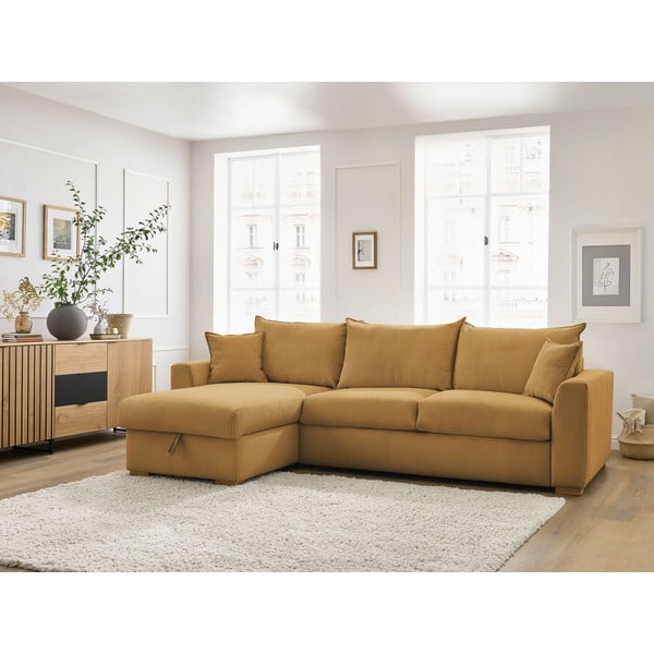 Divano angolare giallo allungabile (con composizione variabile) con rivestimento in velluto a coste Augustin – Bobochic Paris-image-1