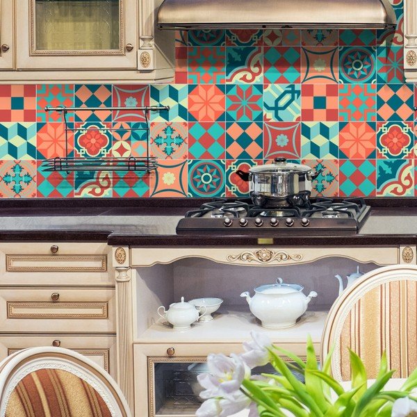 Set di 16 adesivi murali Tiles Azulejos Colorful Vintage Style, 10 x 10 cm - Ambiance-image-2