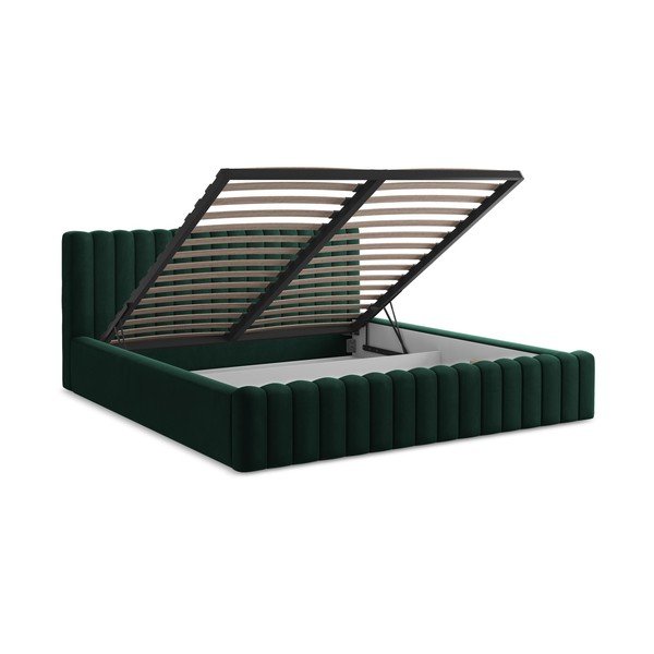 Letto matrimoniale imbottito verde scuro con contenitore con rete inclusa 160x200 cm Lemi – Makamii-image-3