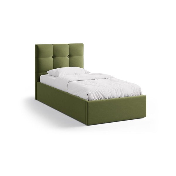 Letto singolo imbottito verde con contenitore con rete inclusa 90x200 cm Phaedra – Micadoni 
