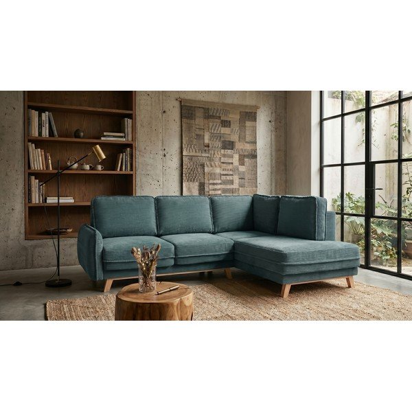 Divano angolare turchese allungabile (con penisola a destra) con rivestimento in velluto a coste Tori – Bonami Selection-image-1