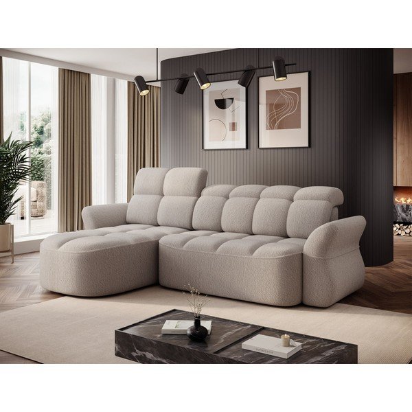 Divano angolare beige allungabile/con contenitore (con penisola a sinistra/con chaise lounge) e rivestimento in bouclé Beneth – ELTAP-image-3