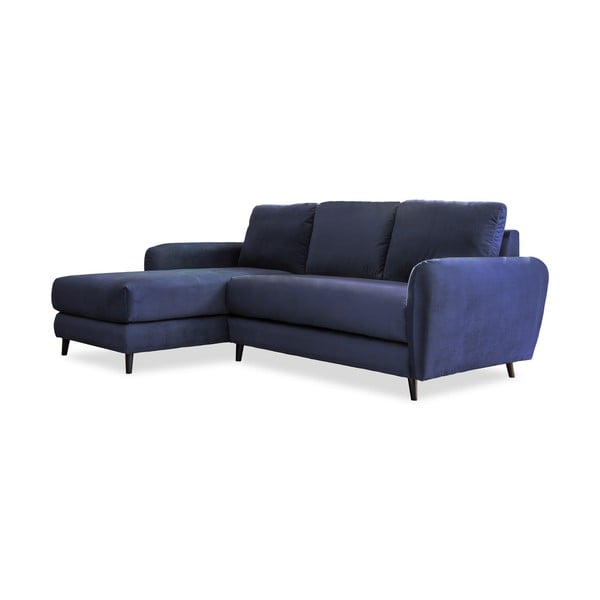 Divano angolare in velluto blu navy con poggiapiedi, angolo sinistro Cosy Claire - Miuform