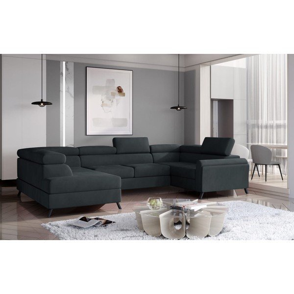 Divano angolare grigio scuro allungabile/con contenitore (con penisola a sinistra/a U) e rivestimento in velluto Escada – ELTAP-image-1