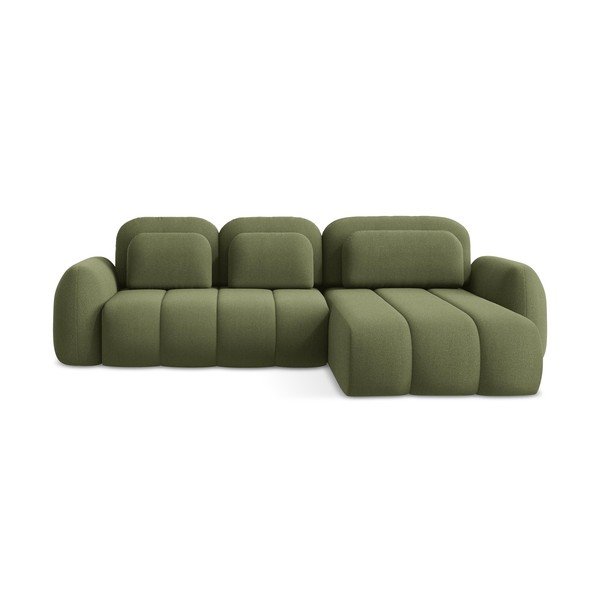 Divano angolare verde allungabile/con contenitore (con penisola a destra/con chaise lounge) con rivestimento in bouclé Pele – Makamii
