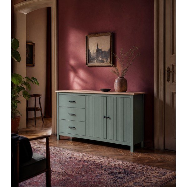 Cassettiera bassa in legno di pino di colore verde-naturale 150x80 cm Miranda - Marckeric-image-4