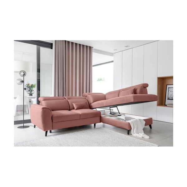 Divano angolare rosa allungabile/con contenitore (con penisola a destra/a L) e rivestimento in velluto Noble – ELTAP-image-3