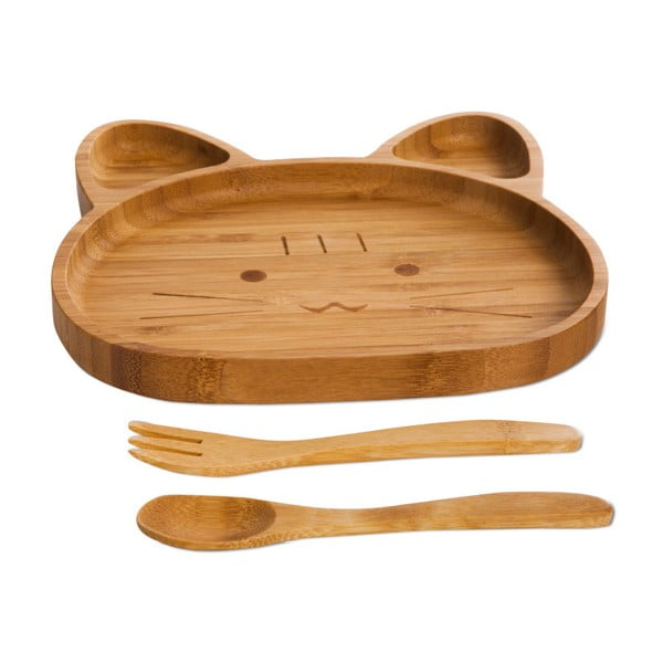 Set di piatti e posate in bambù a forma di orsetto per bambini Kitty - Bambum